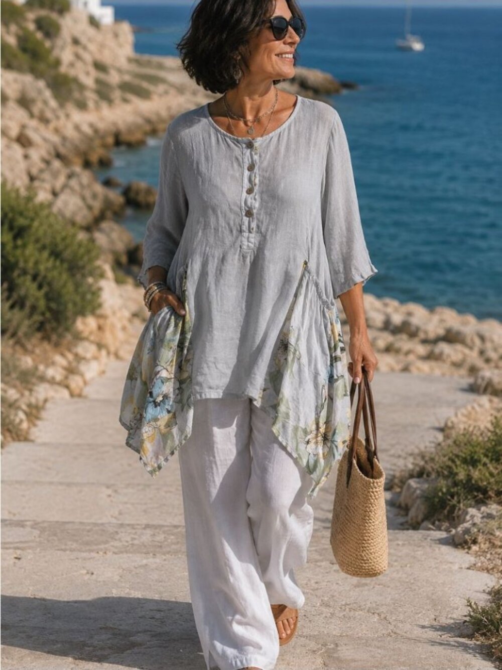 Made in Italy Linen Tunic Top Grey Floral Lagenlook Boho Oversized One Size - Picture 1 of 14